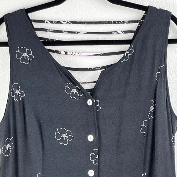 Vintage R&K Black White Floral Graphic Button Front Sleeveless Midi Dress 14/L - Picture 5 of 14